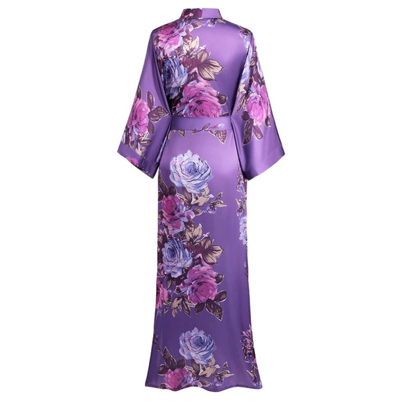 Kimono Robe Long Floral Satin - Picture 2 of 7